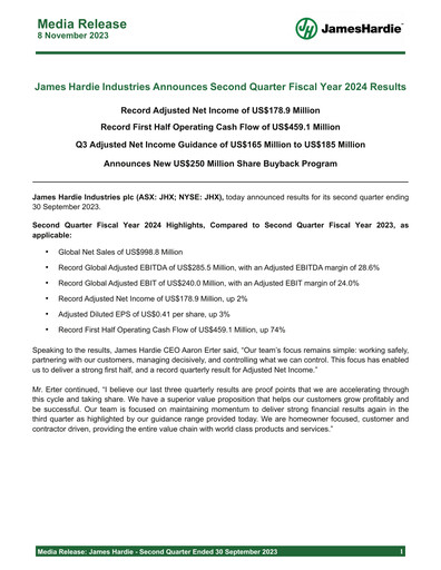 Miniature James Hardie Industries
 Rapport trimestriel fy2024-q2