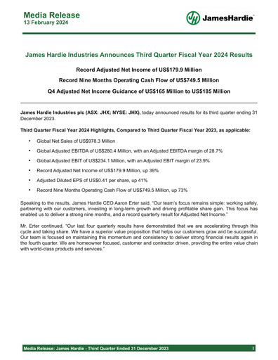 Miniature James Hardie Industries
 Rapport trimestriel fy2024-q3
