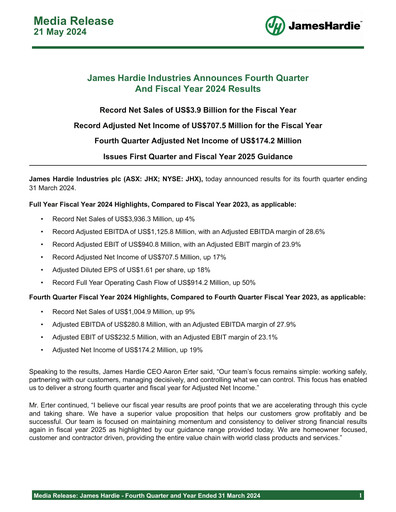 Miniature James Hardie Industries
 Rapport trimestriel fy2024-q4