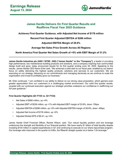 Miniature James Hardie Industries
 Rapport trimestriel fy2025-q1