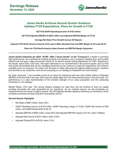 Miniature James Hardie Industries
 Rapport trimestriel fy2025-q2