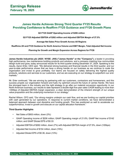 Miniature James Hardie Industries
 Rapport trimestriel fy2025-q3