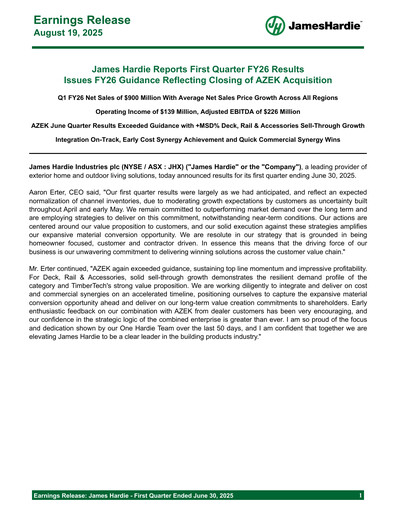 Miniature James Hardie Industries
 Rapport trimestriel fy2026-q1
