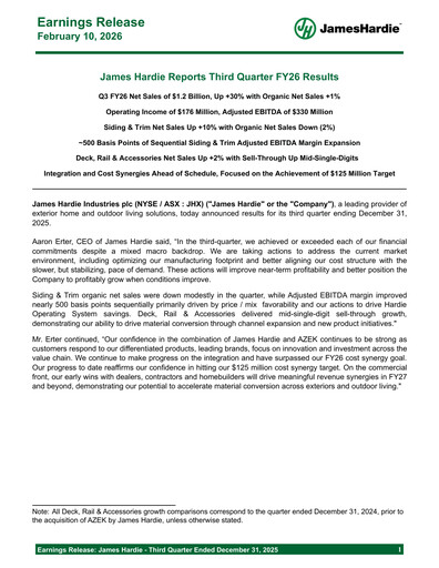 Miniature James Hardie Industries
 Rapport trimestriel fy2026-q3