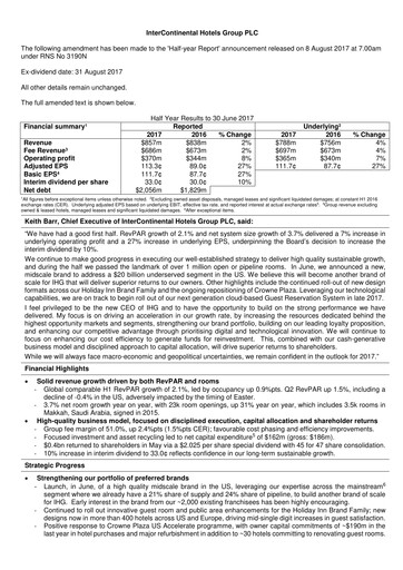 Thumbnail InterContinental Hotels Group
 Half-year Report 2017