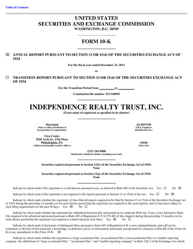 Miniature Independence Realty Trust
 Rapport annuel 2012