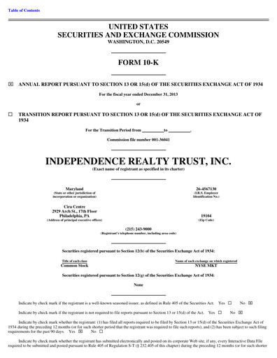 Miniature Independence Realty Trust
 Rapport annuel 2013