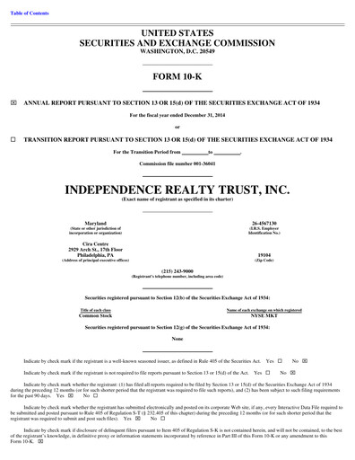 Miniature Independence Realty Trust
 Rapport annuel 2014