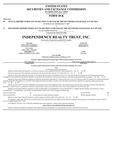 Miniature Independence Realty Trust
 Rapport annuel 2015