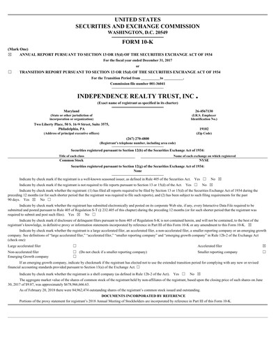 Miniature Independence Realty Trust
 Rapport annuel 2017