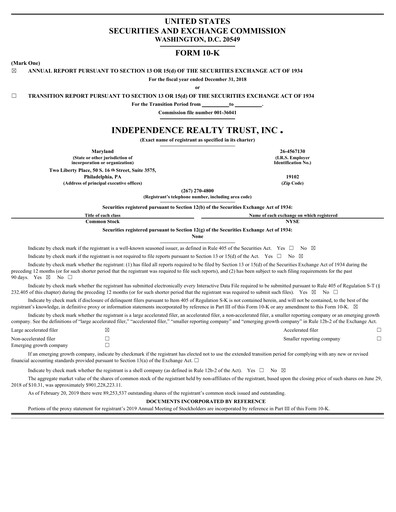 Miniature Independence Realty Trust
 Rapport annuel 2018