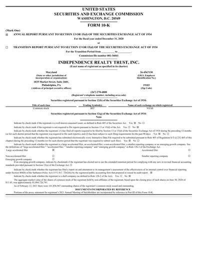 Miniature Independence Realty Trust
 Rapport annuel 2020