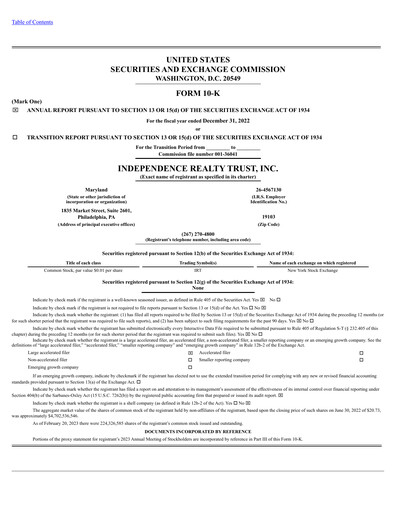 Miniature Independence Realty Trust
 Rapport annuel 2022