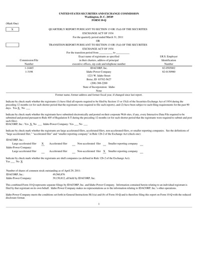 Thumbnail Idacorp Quarterly Report 2011-q1