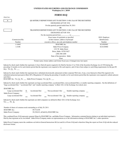 Thumbnail Idacorp Quarterly Report 2011-q2