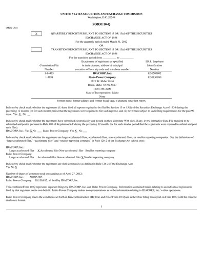 Thumbnail Idacorp Quarterly Report 2012-q1