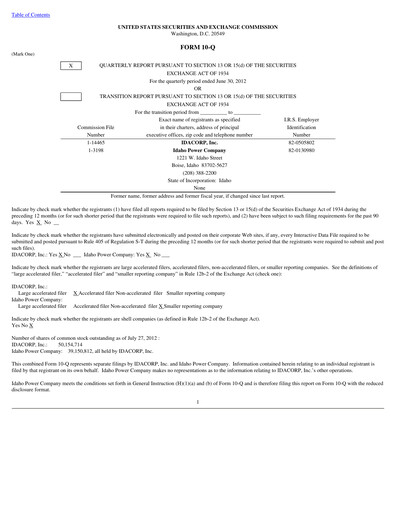 Thumbnail Idacorp Quarterly Report 2012-q2