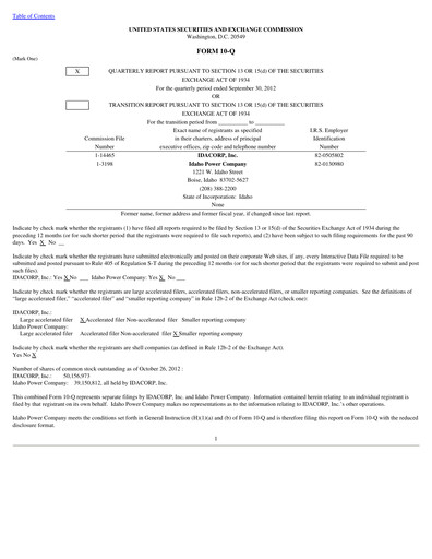 Thumbnail Idacorp Quarterly Report 2012-q3