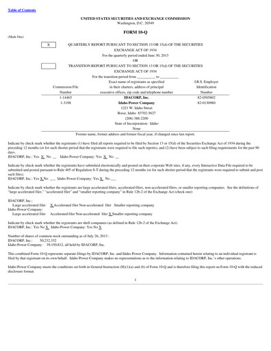 Thumbnail Idacorp Quarterly Report 2013-q2