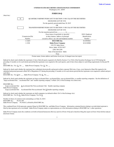 Thumbnail Idacorp Quarterly Report 2015-q2