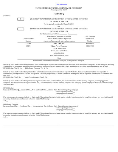 Thumbnail Idacorp Quarterly Report 2018-q1