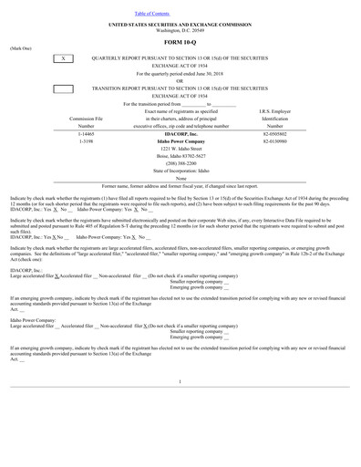 Thumbnail Idacorp Quarterly Report 2018-q2