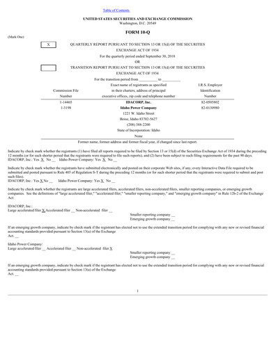 Thumbnail Idacorp Quarterly Report 2018-q3