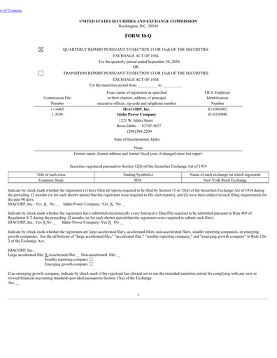 Thumbnail Idacorp Quarterly Report 2020-q3