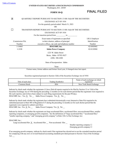 Thumbnail Idacorp Quarterly Report 2021-q1