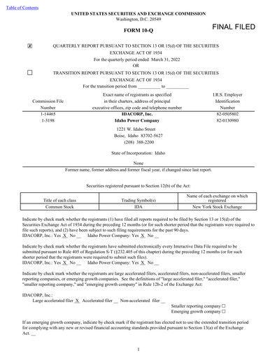Thumbnail Idacorp Quarterly Report 2022-q1