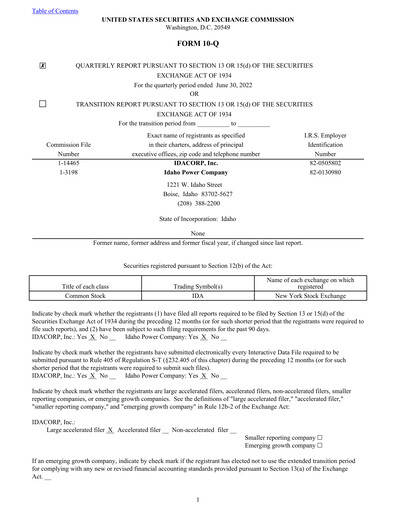 Thumbnail Idacorp Quarterly Report 2022-q2