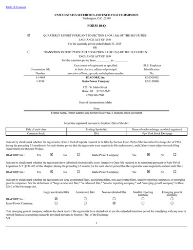 Thumbnail Idacorp Quarterly Report 2025-q1
