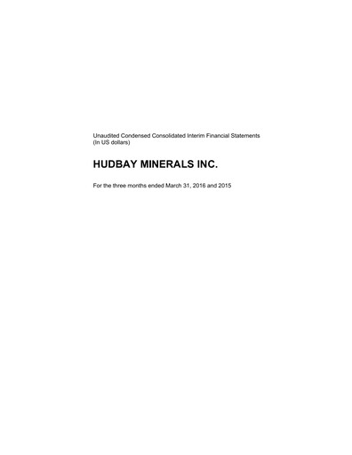 Vorschaubild Hudbay Minerals
 Quartalsbericht 2016-q1