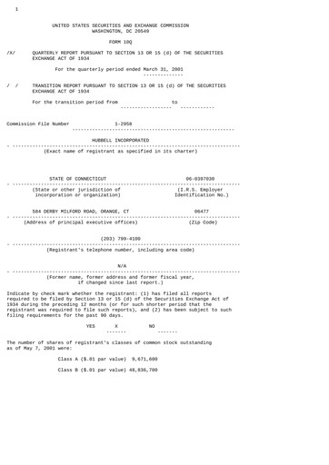 Thumbnail Hubbell Quarterly Report 2001-q1