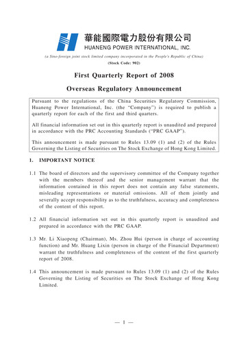 Thumbnail Huaneng Power International Quarterly Report 2008-q1