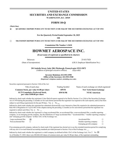 Thumbnail Howmet Aerospace
 Quarterly Report 2025-q3