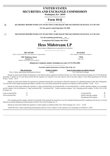 Vorschaubild Hess Midstream Quartalsbericht 2020-q3