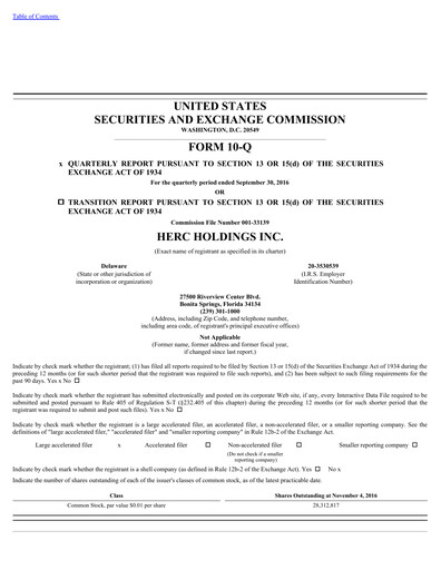 Miniature Herc Holdings
 Rapport trimestriel 2016-q3