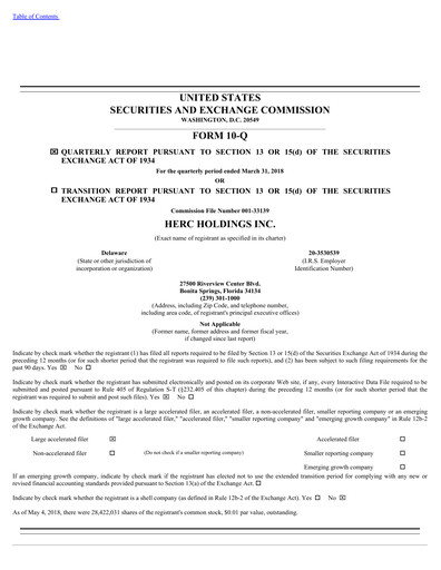 Miniature Herc Holdings
 Rapport trimestriel 2018-q1