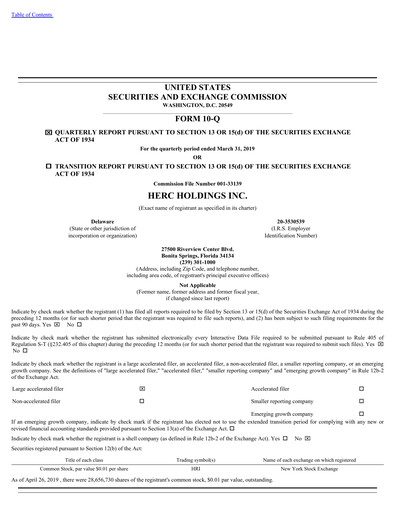 Miniature Herc Holdings
 Rapport trimestriel 2019-q1