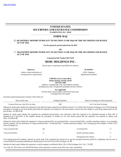 Miniature Herc Holdings
 Rapport trimestriel 2019-q2