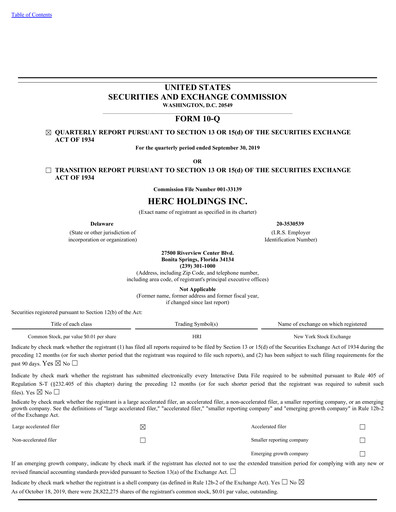 Miniature Herc Holdings
 Rapport trimestriel 2019-q3