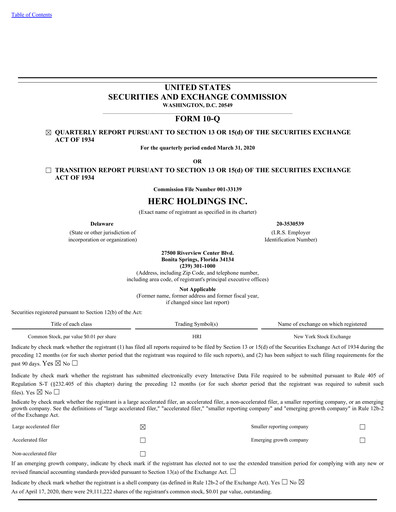 Miniature Herc Holdings
 Rapport trimestriel 2020-q1