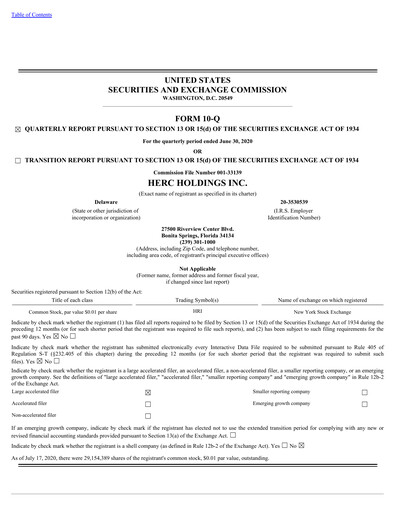 Miniature Herc Holdings
 Rapport trimestriel 2020-q2