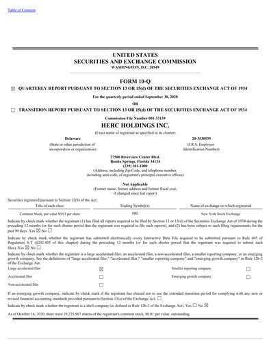 Miniature Herc Holdings
 Rapport trimestriel 2020-q3