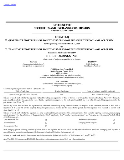 Miniature Herc Holdings
 Rapport trimestriel 2021-q1