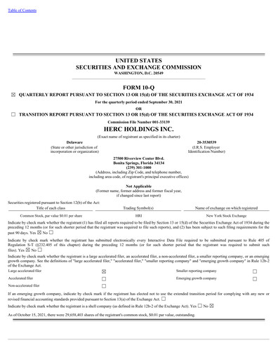 Miniature Herc Holdings
 Rapport trimestriel 2021-q3