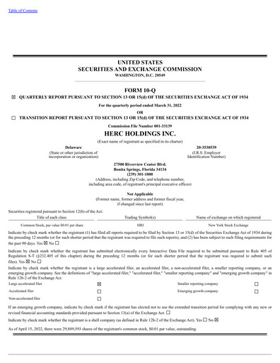 Miniature Herc Holdings
 Rapport trimestriel 2022-q1