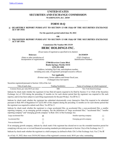 Miniature Herc Holdings
 Rapport trimestriel 2022-q2