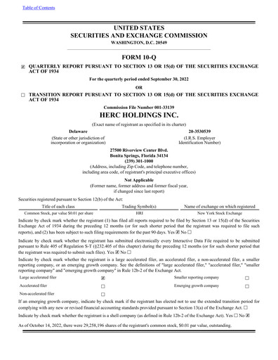 Miniature Herc Holdings
 Rapport trimestriel 2022-q3